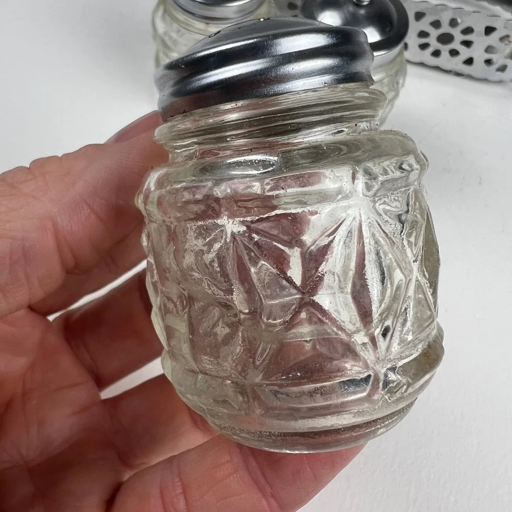 Vintage Condiment Set Glass Jars Metal Caddy Silver Clear Mid Century Tableware